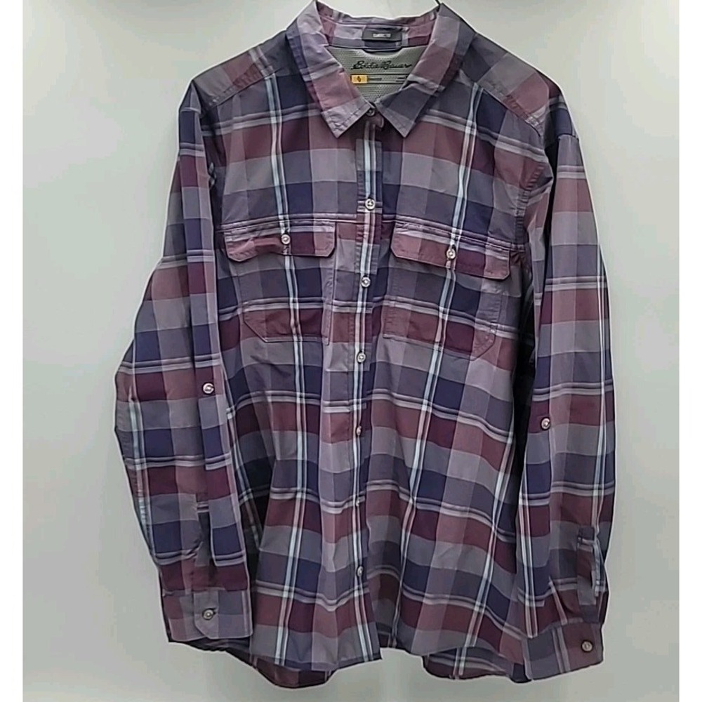 Eddie Bauer Classic Fit Button Up Vented Check Plaid Purple Shirt Size XL‎